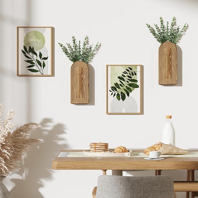 2 Pack Wooden Wall Vase with 14 Fake Eucalyptus for Modern Farmhouse Decor, Boho Art Wall Decor, Wall Planters for Indoor Plants for Bathroom, Kitchen, Bedroom, Dining/Living Room, Wall Plant Holder