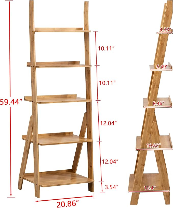 Maydear Bamboo Ladder Shelf Bookcase, 5-Tier Leaning Bookshelf Free Standing Organizer Storage Shelves for Living Room, Bedroom, Kitchen, Home Office, Balcony, Natural Wood | Bookcase, Living Room, Bedroom, Kitchen, Home Office