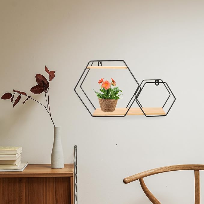 HOMSFOU Hexagon Wall Shelves Floating Wood and Metal Wall Mounted Storage Shelf Black Geometric Display Rack for Bedroom Home Décor Planter Pot Holder