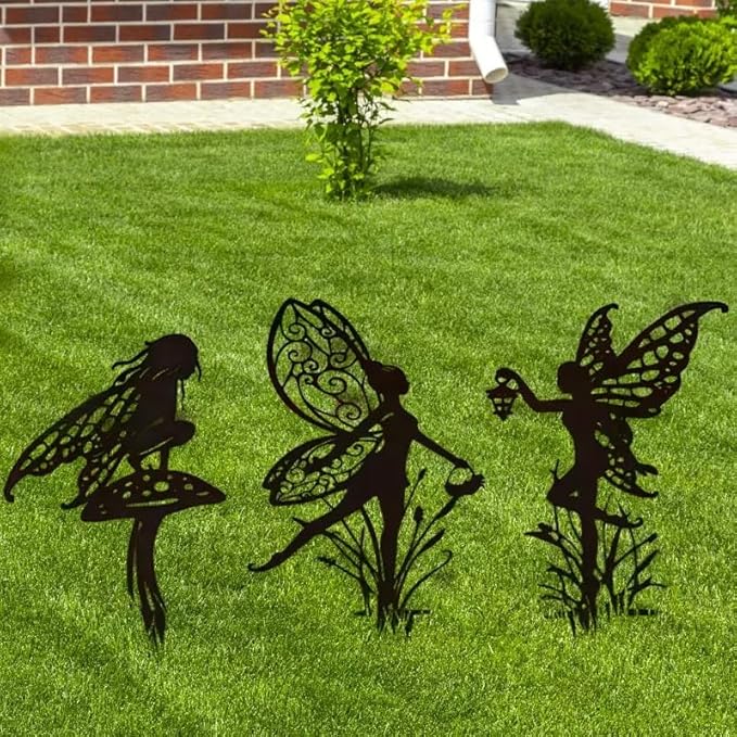 3pc Metal Garden Stake,Garden Fairy Metal Outdoor Decor for Your Patio and Lawn,Insert Silhouette Plaque Statue