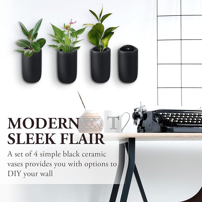 MyGift 7.5 Inch Wall Mounted Modern Matte Black Ceramic Cylindrical Plant Containers, Floating Succulent or Herb Planter Pots, Vertical Hanging Flower Vases, Set of 4
