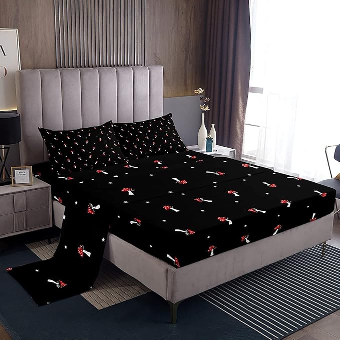 Mushroom Sheet Set Kids Cute Botanical Plants Print Bed Sheets Set Girls Kawaii Mushroom Bedding Set for Boys Teens Sheets Soft Room Decor Twin Size(1 Flat Sheet +1 Fitted Sheet +1 Pillowcase)