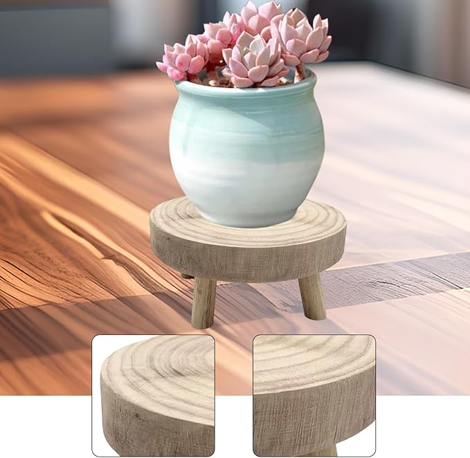 MYCENSE Wooden Stool Plant Stand for Indoor & Outdoor, Sturdy Flower Pot Stands Plants Shelf Potted Rack, Round Footstool, Decoration Racks for Home Office Garden Patio, D Wood 17x9cm