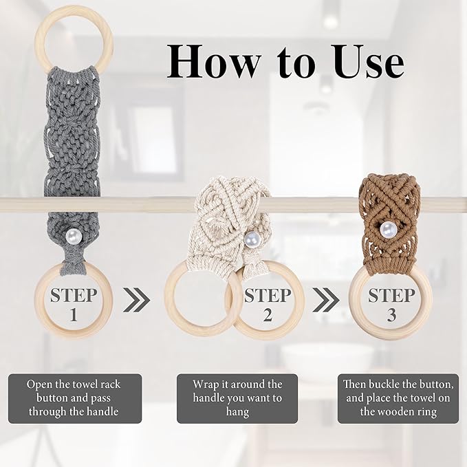 BROWNLILY 4 Pcs Handmade Crochet Towel Holder with Unique Pearl Button for Bathroom, Hanging Towel Rack for Kitchen, Macrame Towel Hanger Over The Cabinet Oven Stove Door - Double Rings