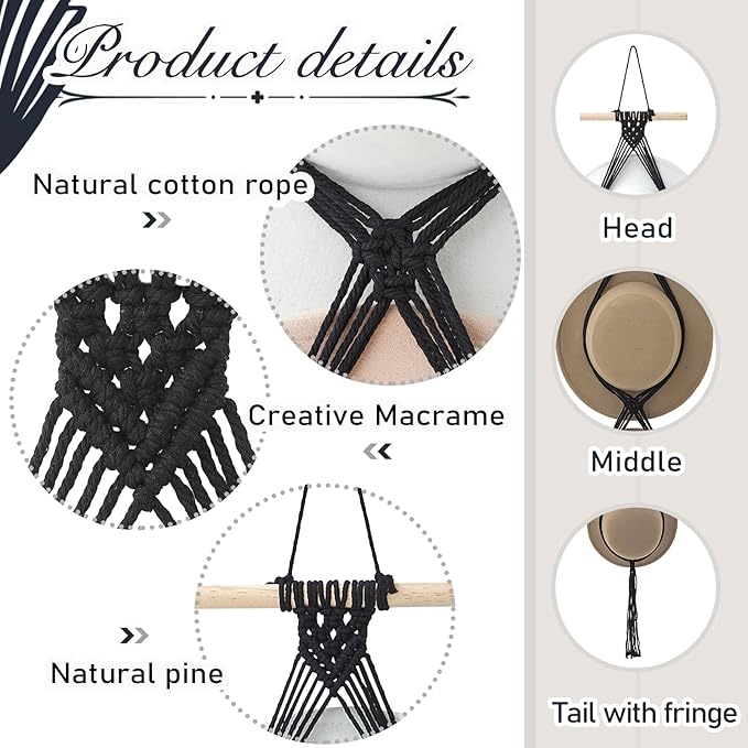 Yulejo Macrame Hat Hangers Boho Hat Rack Cowboy Hat Hanger Back of Door Hat Organizer (Black,Four Hats Style)