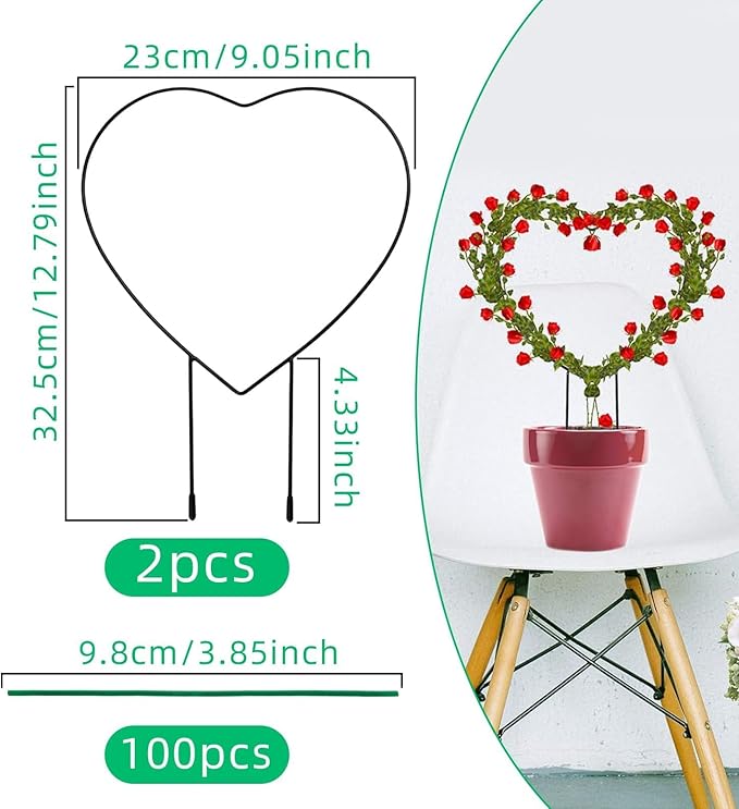 2 PCS Heart Shaped Plant Trellis Indoor with 100 Plant Twist Tie, Iron Heart Trellis for Indoor Climbing Plants Vine Stem Support Hearts Wire, Houseplant Hearts Trellis for Potted Plants
