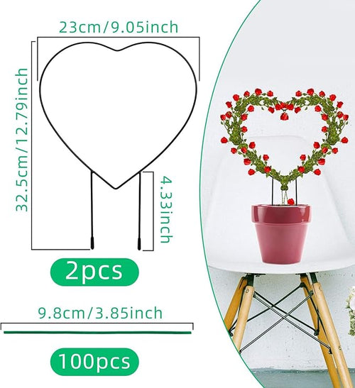 2 PCS Heart Shaped Plant Trellis Indoor with 100 Plant Twist Tie, Iron Heart Trellis for Indoor Climbing Plants Vine Stem Support Hearts Wire, Houseplant Hearts Trellis for Potted Plants
