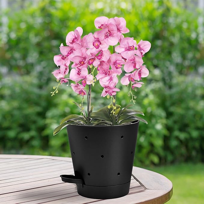 Vanslogreen Orchid Pots with Holes, 6 Inch Self Watering Orchid Pot 2 Pack Plastic Plant Pots for Orchid, Flower (Black)