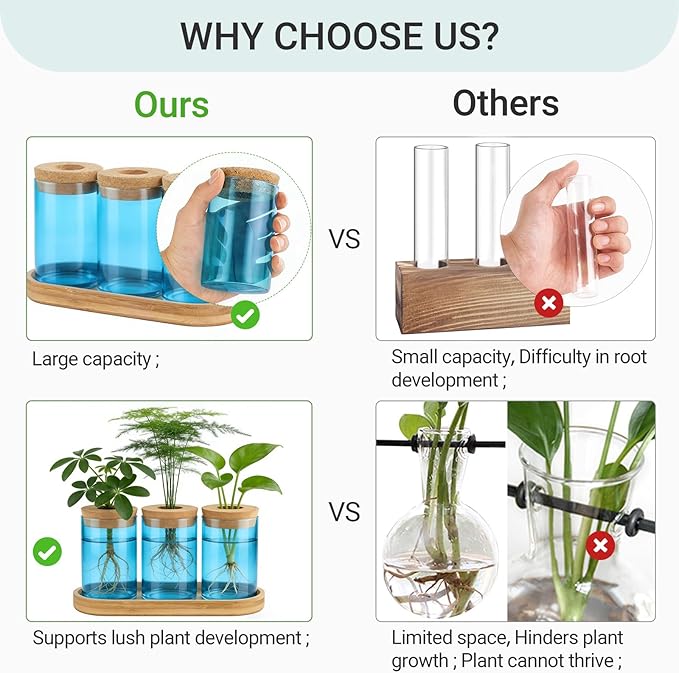 Dahey Blue Plant Propagation Terrarium Desktop Glass Planter Station Water Planting Glass Vase with Lid and Wooden Stand for Propagating Hydroponic Plants Centerpiece Office Home Garden Decor, 3 Pcs