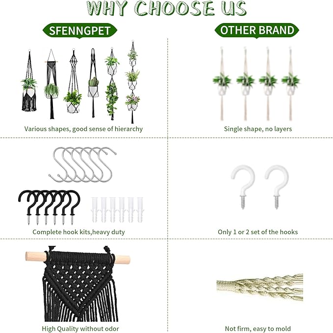 SFENNGPET Macrame Plant Hangers, 6Pack Hanging Planters for Indoor Plants w/ 6 Set Hangers Kit Handmade Macromay Plant Hangers Indoor Flower Pots Holder Stand for Boho Home Décor (POTS NOT Included)