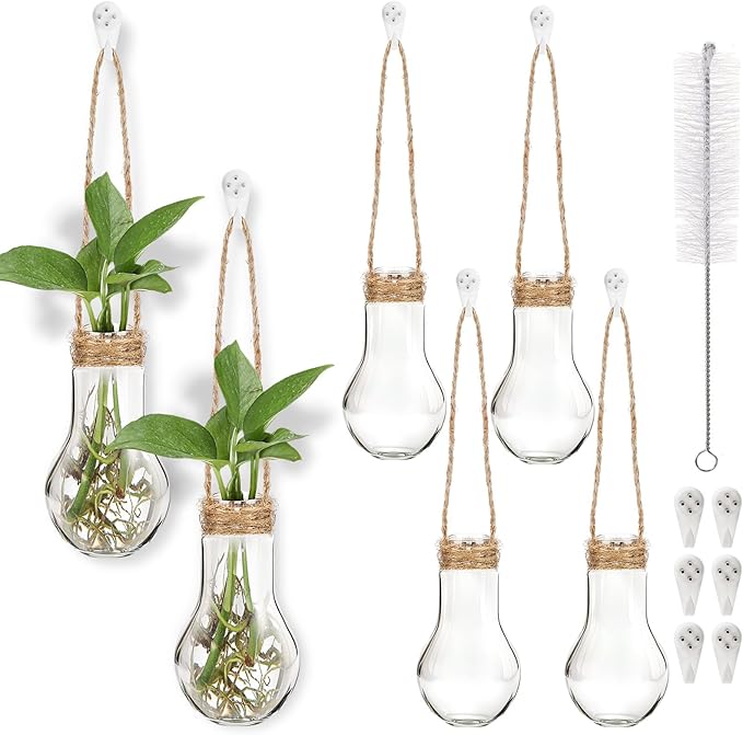 Baderke 6 Pack Hanging Propagation Station 3.9 Inch Plastic Plant Vases with Hooks & Cleaning Brush Clear Window Jars for Plant Clippings, Home Office Decor, Gardening Gifts for Women