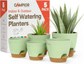 Green Self Watering Pots 5 Pack, Indoor and Outdoor Plant Pots with Wick Rope & Drainage Holes, Easy Watering Lip, Lightweight Plastic Self Watering Planter for Succulents, Houseplants, and Herbs