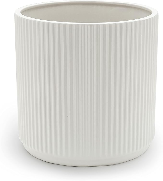 Amazon Basics Fluted Ceramic Round Planter with Drainage Hole, 8-inch, White, Indoor Outdoor, Modern Decorative for Indoor Plants