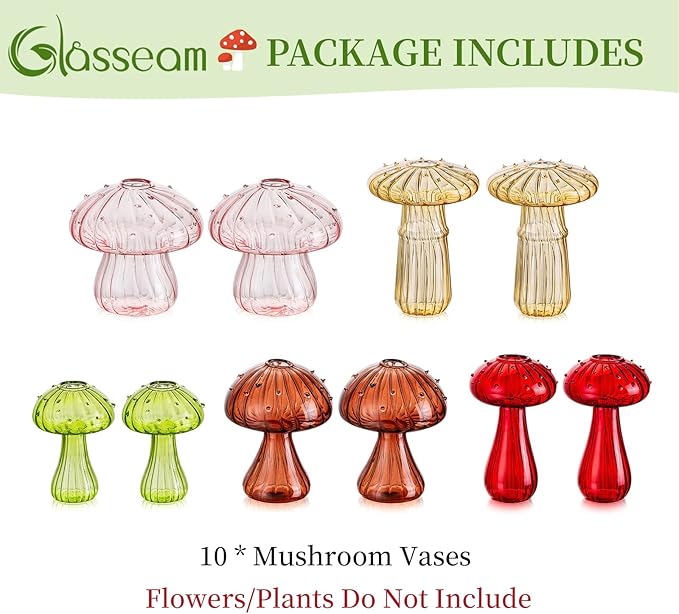 Glasseam Mushroom Propagation Vase, Colored Flower Vases Decorative Set of 10, Unique Small Glass Vases for Flowers,Aesthetic Mini Cute Vase Decor, Hydroponic Bud Vase for Bedroom Bathroom Kitchen