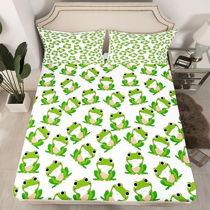 Kids Frog Sheet Set Cute Green Frogs Bed Sheets for Boys Girls Children Wild Animal Decor Bed Sheet Set Kawaii Pattern Bedding Set Bedroom Bed Set with Deep Pocket Fitted Sheet 4Pcs Queen Size