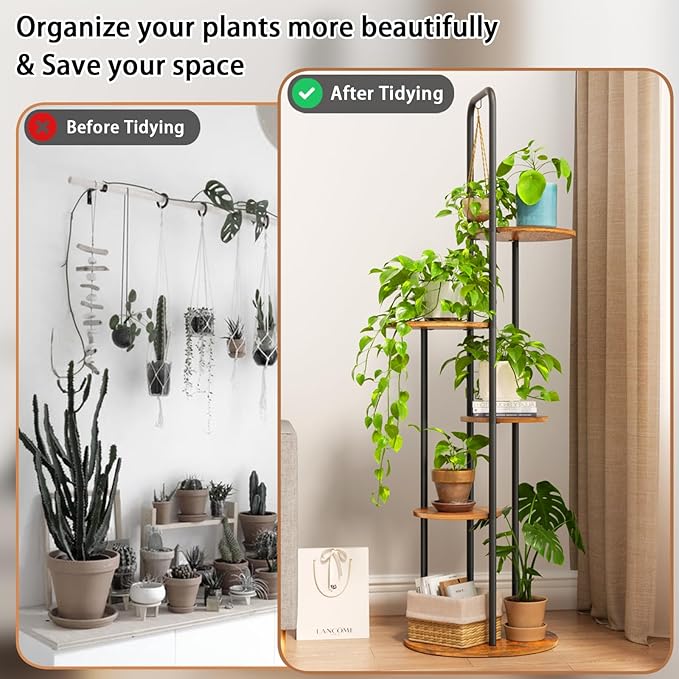 REFGY Tall Plant Stand Indoor - 5 Tier 6 Potted Vertical Plant Shelves with Hanging Hook - Multi-Tiered Wood Textured Plant Tower for Corner Space - Metal Plant Table for Home Office Decor, Rustic Brown