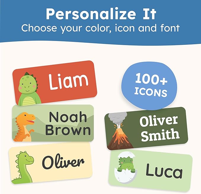 Personalized Name Labels for Kids (140 Labels) - Durable & Waterproof Custom Name Stickers for Clothing Tags, School Supplies, Camp & Daycare - Jurassic (1.2”x0.5”)