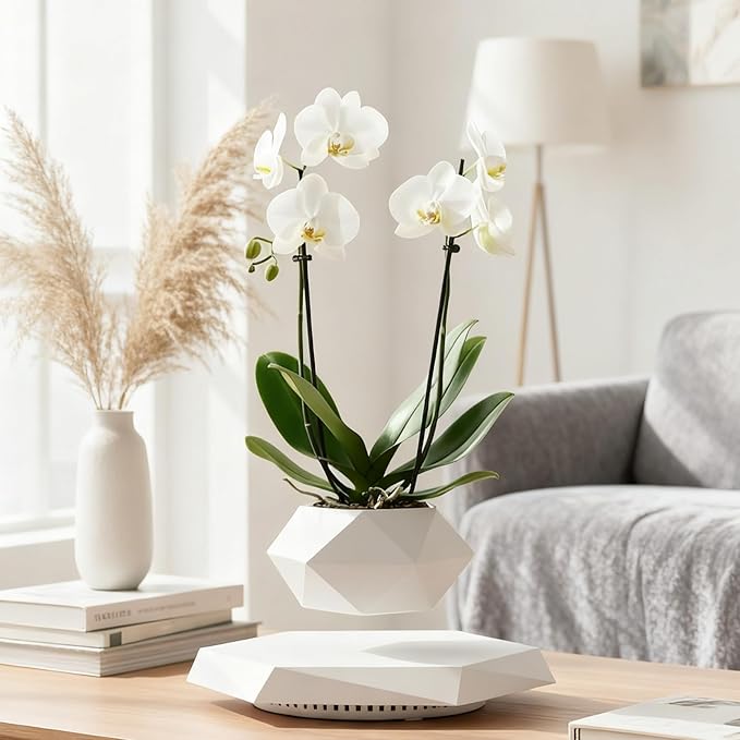 Levitating Plant Pot, Magnetic Levitation Flower Pot Rotating Planters Suspension Floating Plant Succulents Potted for Home Living Room Office Desk Decoration (White)
