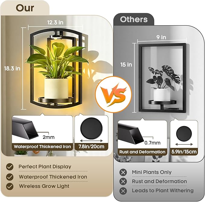Aisdan Wall Plant Holder, Wall Planters for Indoor Plants with Wireless Remote Lights, Frame Plant Wall Shelves Wall Mounted Plant Holder for Living Room, 2 Pack