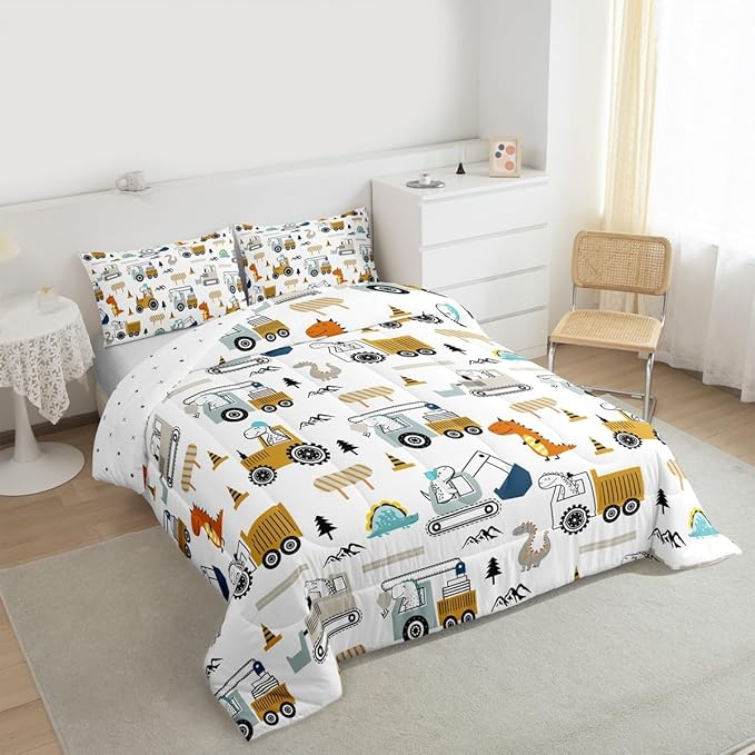 Feelyou Construction Bedding Set King Size Equipment Trucks Comforter Set for Kids Boys Girls Decor Dinosaur Comforter 3D Digital Print Yellow Duvet Set Bedroom Quilt Set