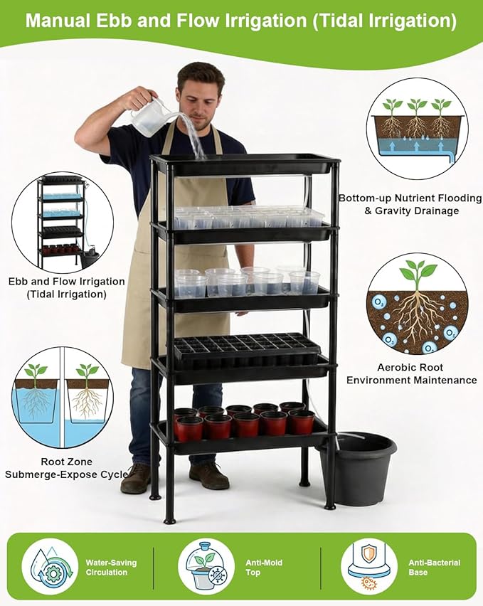 RooTrimmer 5-Tier Hydroponics Growing System, Plant Stand, Ebb and Flow Seedbeds, Siphoning Circulation Watering for Indoor/Greenhouse, Designed for Seed Starter Nursery Cell Trays, Plant Pots