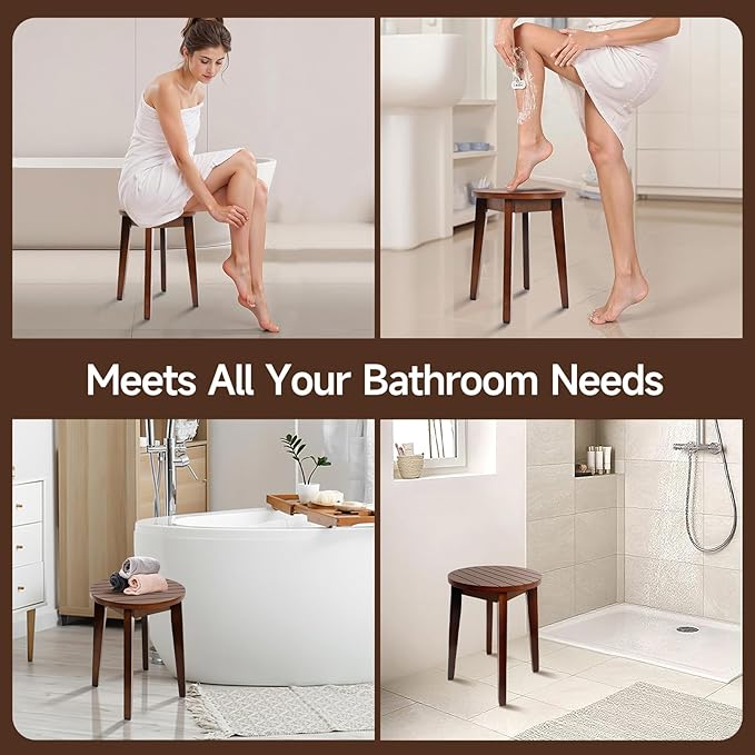 Round 16 Inch Bamboo Waterproof Shower Bathroom Stool Chair, Duty Wooden Bath Corner Shaving Legs Bench Seat (Walnut, XL)