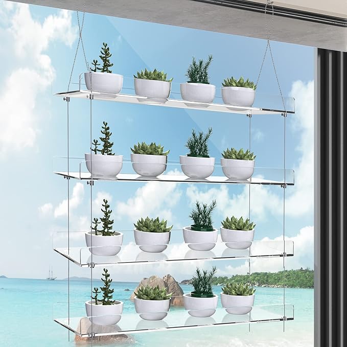 4-Tier Floating Acrylic Plant Shelf – Each Tier 16 Inch Long, Height Adjustable for Indoor Garden, Ideal for Herbs & Flowers in Sunlit Spaces