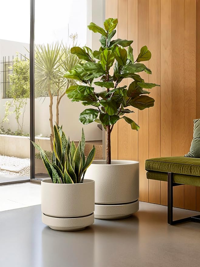 LE TAUCI 12 Inch Pots for Plants with Saucer, Ceramic Indoor Planter Pot for Plants with Drainage Hole, Mesh Pad Included, Unglazed Porous Ceramic, Modern for Home and Office, Speckled Oat