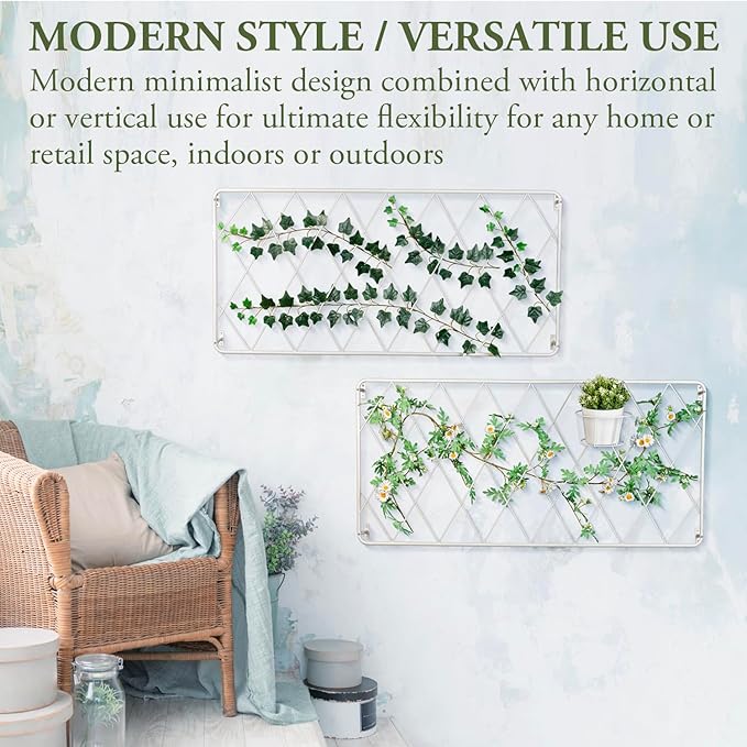 MyGift 50 by 24 Inch Wall Mounted Garden Trellis with White Metal Diamond Screen, Hanging Lattice Support Frame for Outdoor or Indoor Climbing Plant Vines, Set of 2 Panels