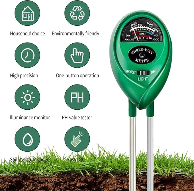 Soil Tester, Soil Test Kit Acidity Water, 3-in-1 Plant Moisture Meter Light/Moisture/PH Tester for Home, Garden, Lawn, Farm, Indoor and Outdoor Use, Promote Plants Healthy Growth
