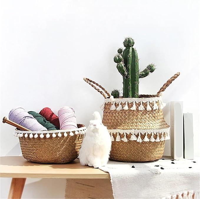 Snacko Handmade Bamboo Storage Baskets - Foldable Laundry Wicker Rattan Seagrass Belly Planter Baskets For Home Decor And Garden Use(Color 1,S 22cmX20cm)
