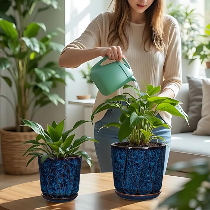 Oairse Ceramic Pots for Plants, 8+6 inch Plant Pots with Drainages Holes & Saucers Large Blue Ceramic Planters Decorative Flower Pot for Indoor Plants Outdoor Inoor