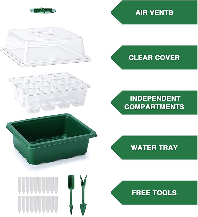Delxo 10-Pack Seed Starter Kit Seedling Starter Tray (12 Cells) Humidity Adjustable Plant Germination Kit Garden Seed Starting Tray with Dome and Green Base Plus Plant Tags Hand Tool Kit