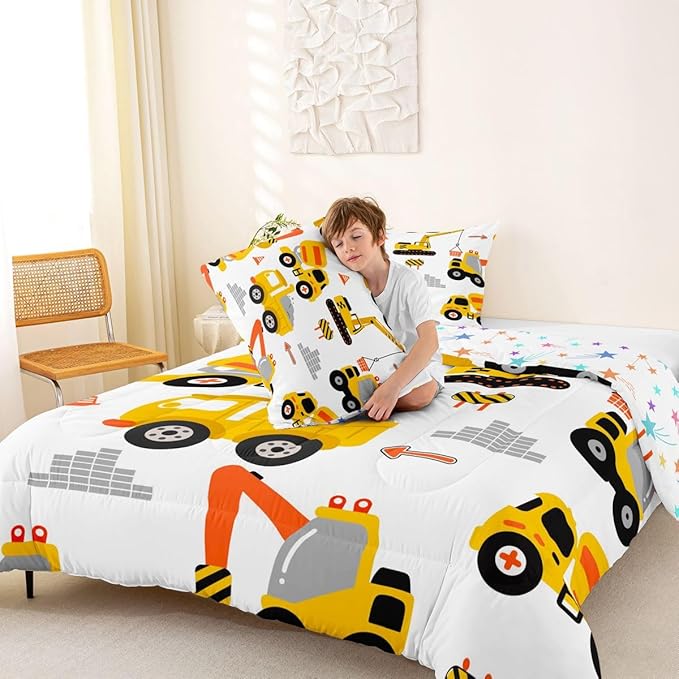 Feelyou Cartoon Car Comforter Set Kids Construction Comforter for Boys Equipment Trucks Bedding Set Breathable Cartoon Yellow Car Excavator Tractor Duvet Set Room Decor Quilt Set Full Size