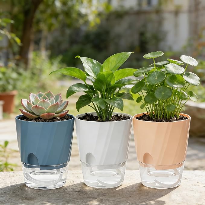 Self Watering Plant Pots 6 Inch, 3 Pack Plastic Indoor Planters with Wick Rope and Reservoir, Decorative Flower Pots for Spider Plant, Orchid, African Violet, Home Office Decor (White, Pink, Blue)