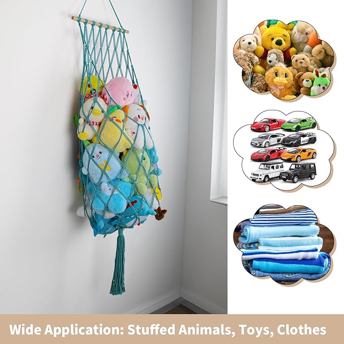 68 Inch Stuffed Animal Storage, Jumbo Macrame Stuffed Animal Hammock Corner, Wall Ceiling Hanging Toy Stuffy Hammock Plushie Net Display for Kids Boys Girls Nursery Decor (Aqua)