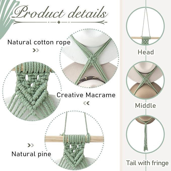 Yulejo Macrame Hat Hangers Boho Hat Rack Cowboy Hat Hanger Back of Door Hat Organizer (Sage Green,Three Hats Style)
