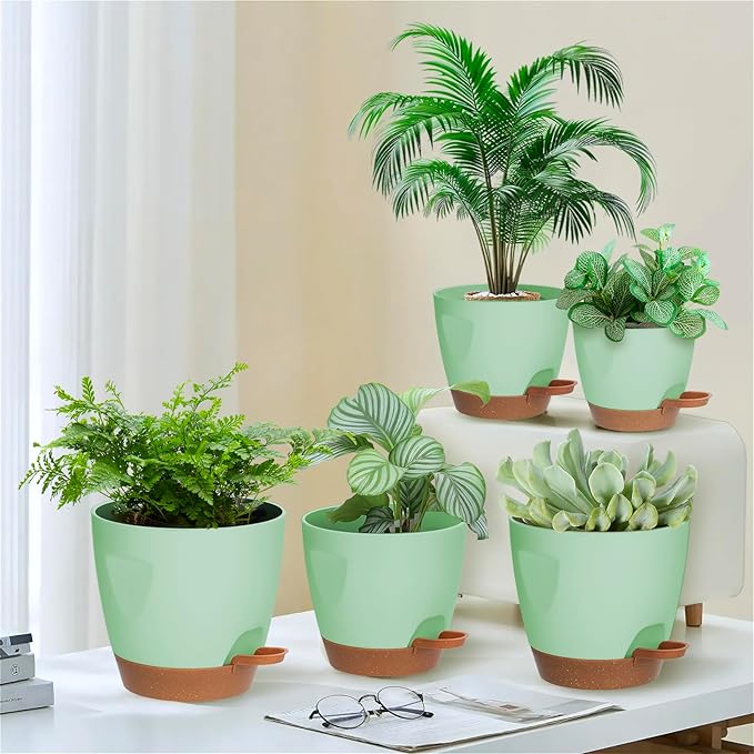 5-Pack Plant Pots with Drainage 7/6.5/6/5.5/5 Inch, Self Watering Pots for Indoor Plants, Planters for Indoor Outdoor Plants, Plastic Flower Pot, Planter for Indoor Outdoor (Green)