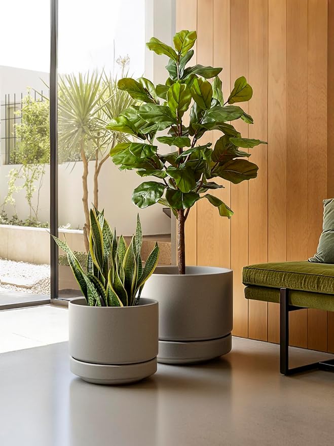 LE TAUCI 12 Inch Pots for Plants with Saucer | Ceramic Outdoor & Indoor Planter Pot for Plants | Drainage Hole, Mesh Pad | Unglazed Porous | Modern for Home, Office and Patio – Neutral Gray