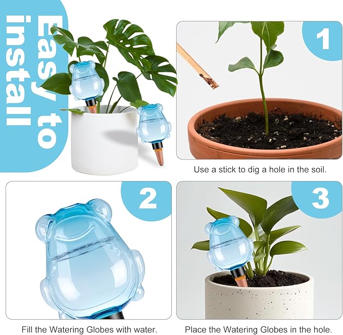 3Pcs Frog Plant Self Watering Globes for Indoor and Outdoor Plastic Water Bulbs Top Fill Plant Watering Globes Slow Release Terracotta Plant Watering Devices System for Plants, Blue