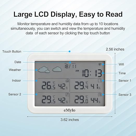 eMylo WiFi Hygrometer Thermometer 5 Pack, Smart Digital Indoor Temperature Humidity Monitor 426Ft Rang with 4 IP65 Wireless Sensors Outdoor Kit, App Alerts, Free Data Storage Export, Works with Alexa