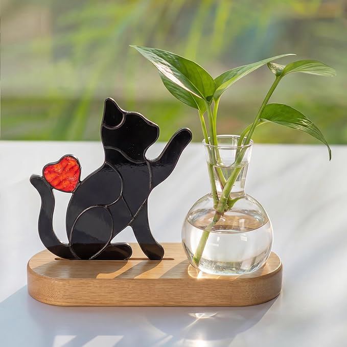 Hewory Handmade Cat Propagation Stations: Black Stained Glass Cat Planter Pot with Wooden Stand for Desktop Decor for Plant Lovers Women