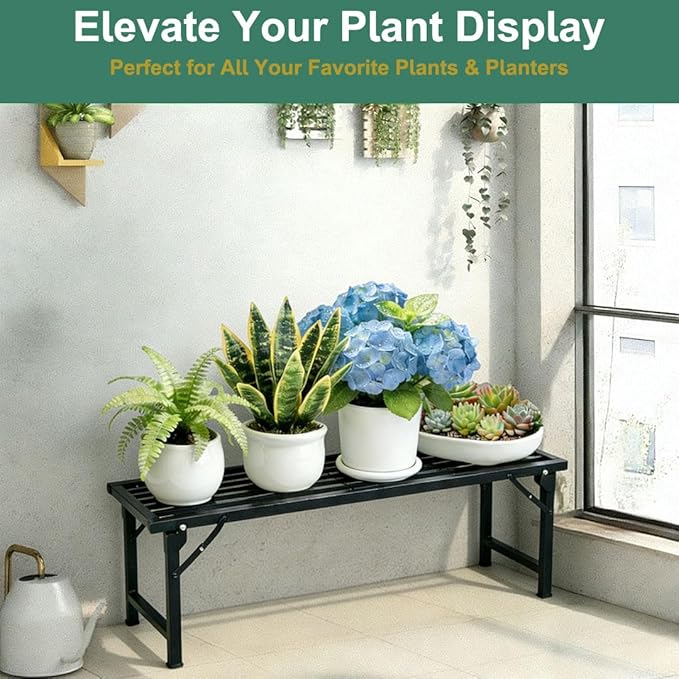 Foldable Plant Stand, No Assembly Heavy Duty Iron Plant Shelf, Rustproof Single Tier Plant Rack for Indoor Outdoor, Long Narrow Flower Stand for Patio Balcony Garden Living Room, 33" L x 9.7" W x 11.7" H
