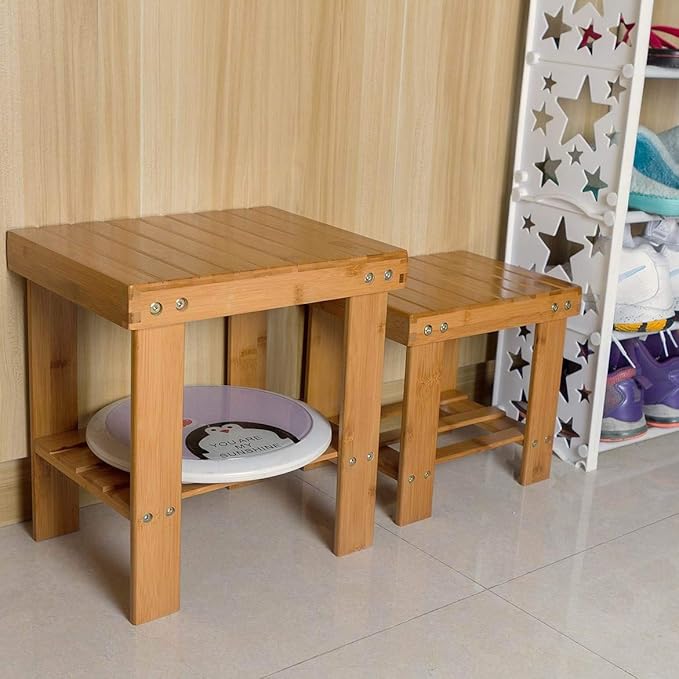 ASelected Bamboo Bench Stool, 10 inch Wooden Foot Step Stool for Bedroom Kitchen Mudroom Foyer Entryway Small Bench Shoe Stool