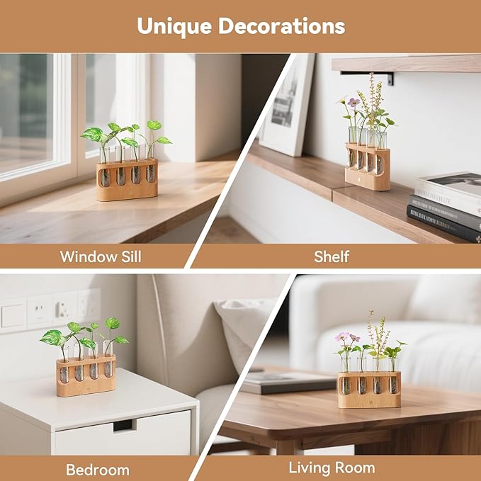Rechargeable Plant Propagation Station with Stepless Dimming LED Light, Wooden Stand, 4 Glass Test Tubes, Home Decor for Hydroponic Plants, Unique Gifts for Women & Plant Lovers