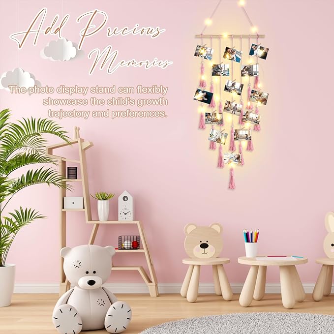 ANROYE Macrame Hanging Photo Display, Picture Holder with 30 Clips for Bedroom Wall, Polaroid Boho Gallery Hangers with LED Light String, Room Decor Gifts for 10 11 12 13 14 Year Old Teen Girl