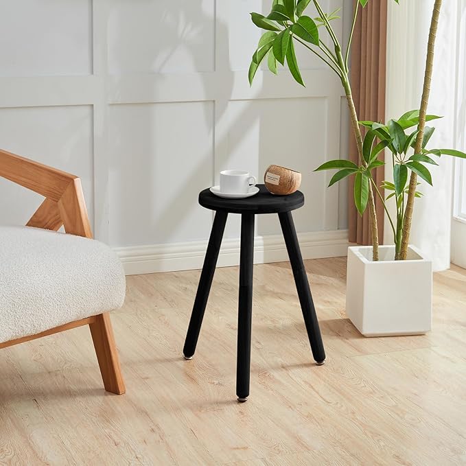 Small Round Side Table Adjustable Height Solid Wood Drink Table Indoor Tall Plant Stand Multi-Use Accent Stool-11‘’D × 20“H (Black)