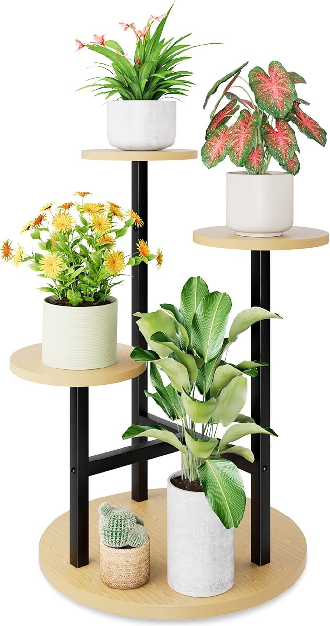3 Tiers Black Plant Stand Indoor Tall Metal Wood Plant Shelf Outdoor Plant Stands Indoor Plant Table Rack Tiered Plant Stand Garden for Living Room Balcony Patio - RoundLight