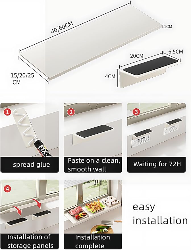 23.6inch Window Sill Extender Plate, Kitchen Organization Storage Rack with Magnetic Base, Carbon Steel Storage Shelf, Window Sill Extender for Plants(60x20cm/23.6x7.8in)