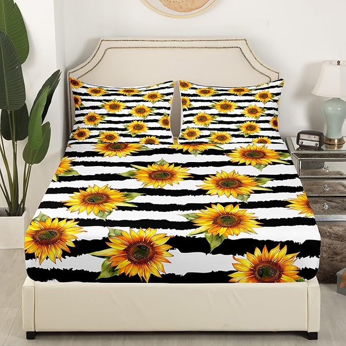 Sunflower Sheet Set Twin Size For Girls Cute Floral Decor Bedding Set Women Teens Ultra Soft Black White Stripe Flowers Kid's Bed Sheets with Deep Pocket, 1 Flat Sheet, 1 Fitted Sheet, 1 Pillowcases